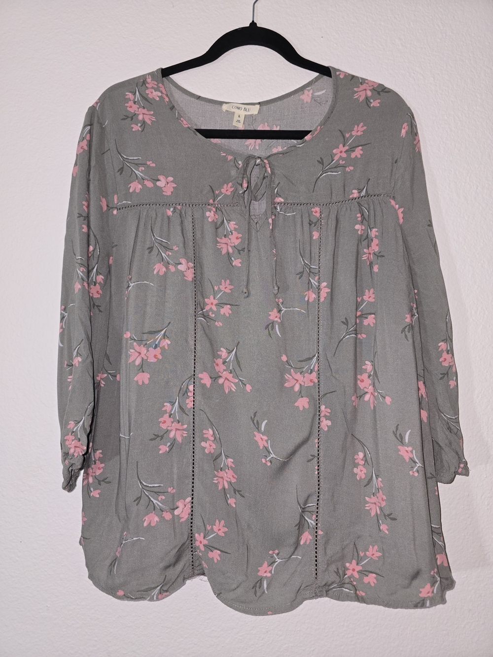 Grey Floral Peasant Tunic with Pink Blossoms